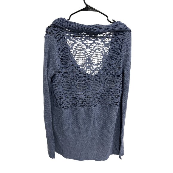 Free People Blue Open Knit Sweater With Cowl Neck Long Sleeves Sz L Boho Beachy - Picture 2 of 9